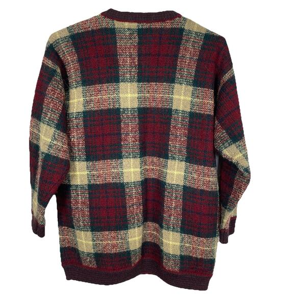 VTG 80s Grandpa Sweater Cardigan Size L Burgundy Plaid Wool Blend Leather Button - Picture 2 of 11